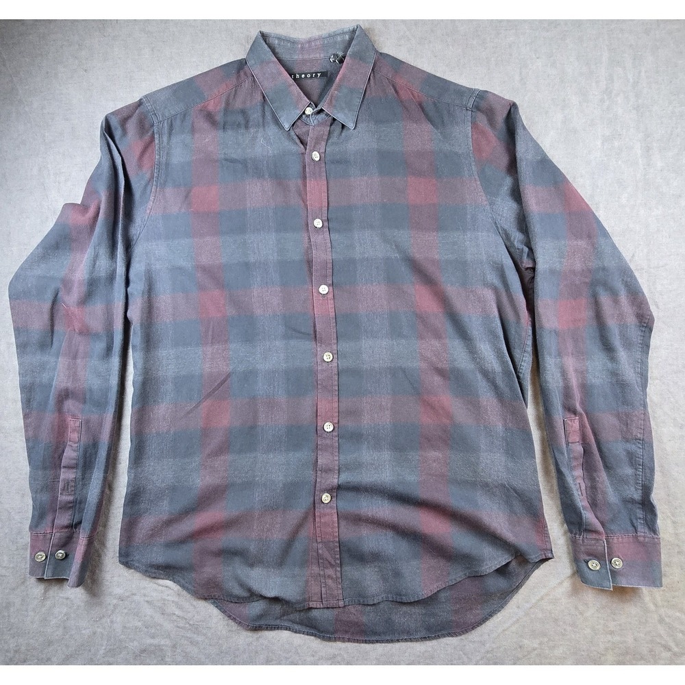 Theory Men's Zack PS Black Burgundy Long Sleeve Plaid Button Down Shirt Size M